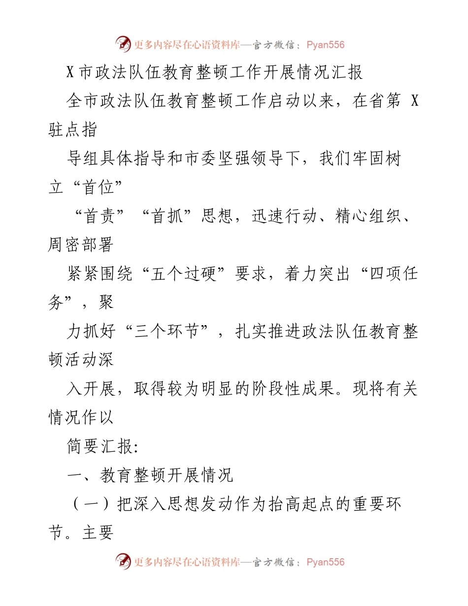 [工作总结] 政法队伍教育整顿 - X市政法队伍教育整顿工作开展情况汇报_1.docx_第1页
