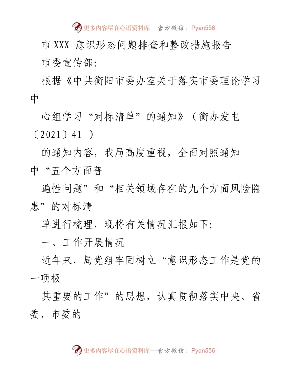 [工作总结] 意识形态问题排查 - 市XXX意识形态问题排查与整改措施报告.docx_第1页