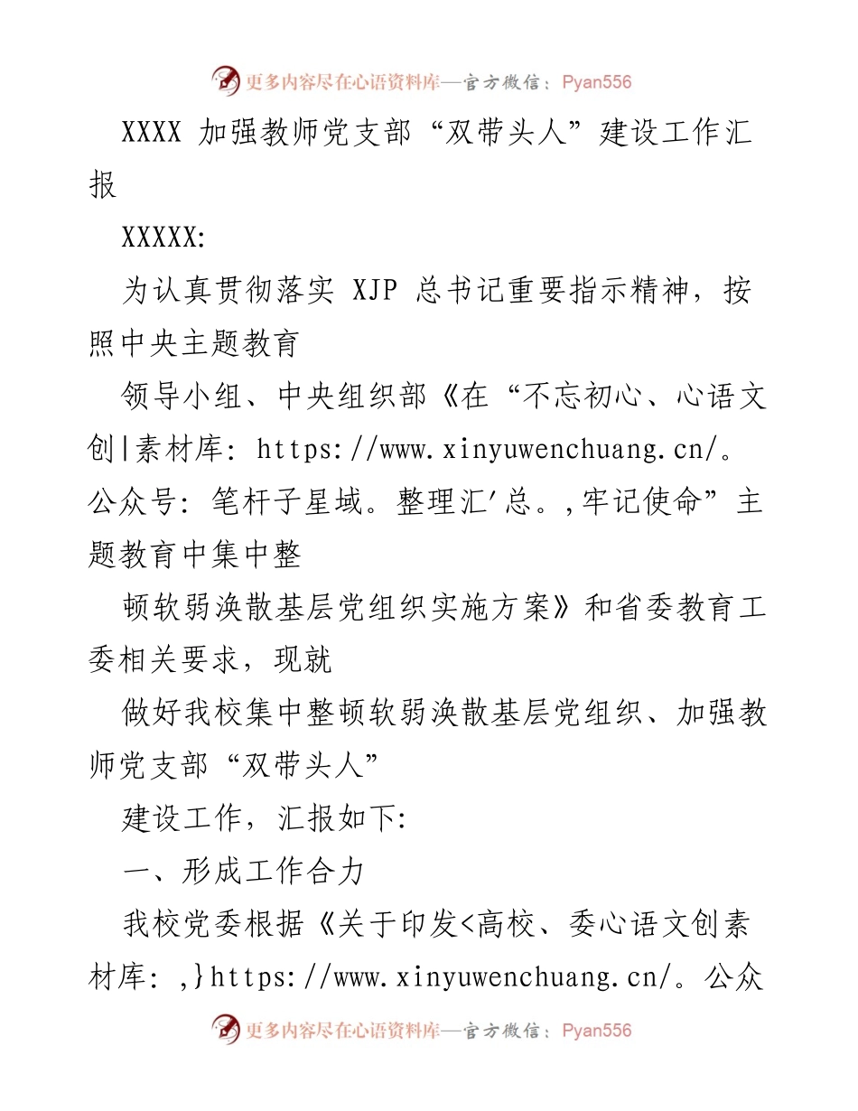 [工作总结] 教育系统 - 加强教师党支部“双带头人”建设工作汇报.docx_第1页