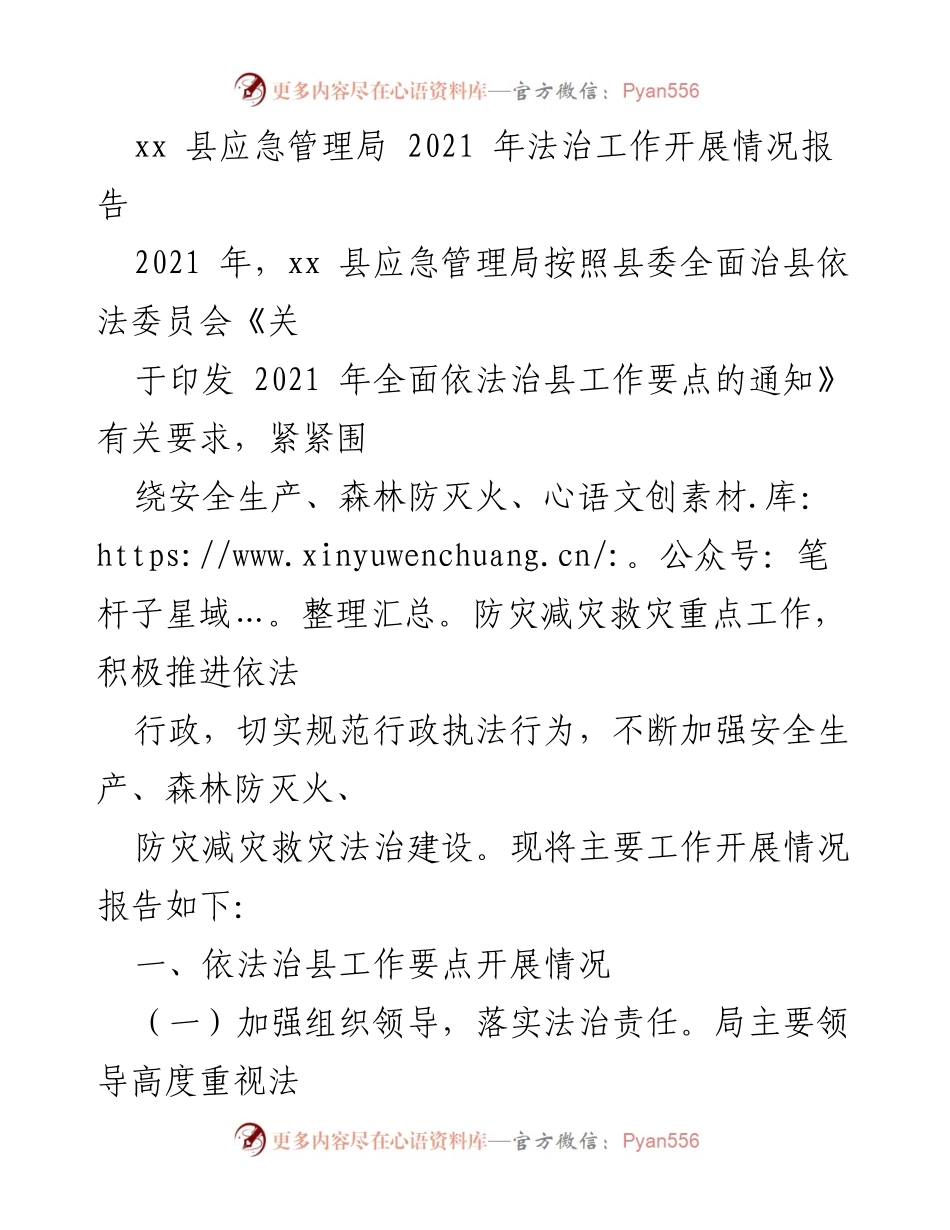 [工作总结] 应急管理局 - 2021年法治工作开展情况报告.docx_第1页