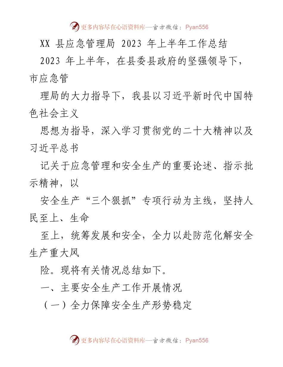 [工作总结] 应急管理 - XX县2023年上半年安全生产工作总结.docx_第1页