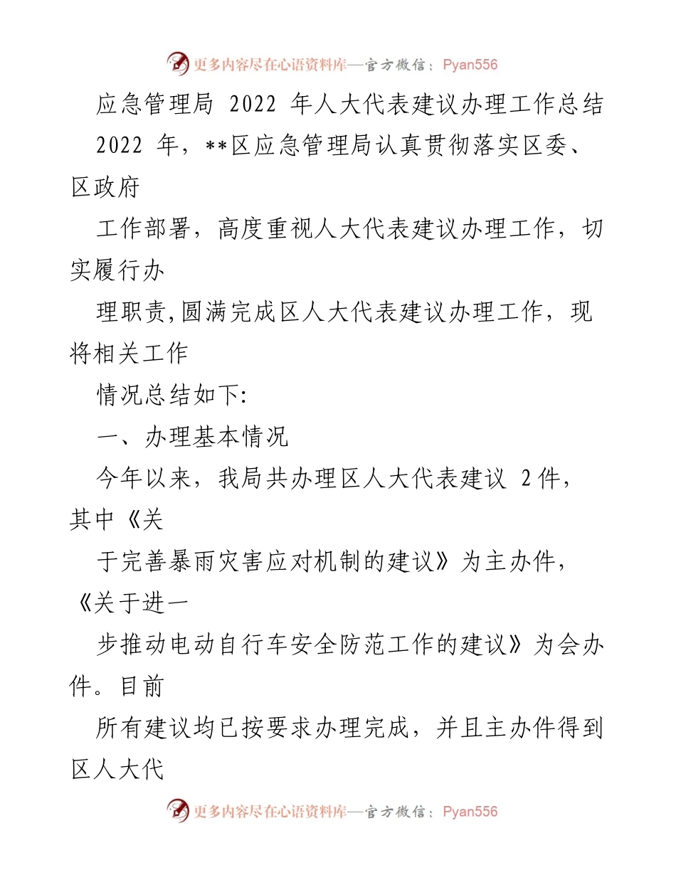 [工作总结] 应急管理局 - 2022年人大代表建议办理工作总结.docx_第1页