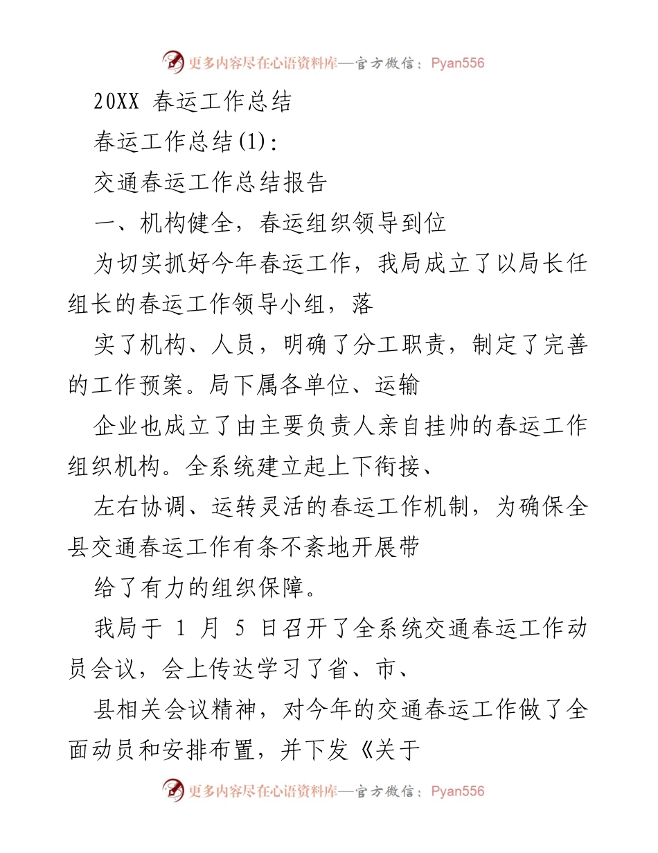 [工作总结] 春运 - 20XX年春运工作总结与组织实施报告.docx_第1页