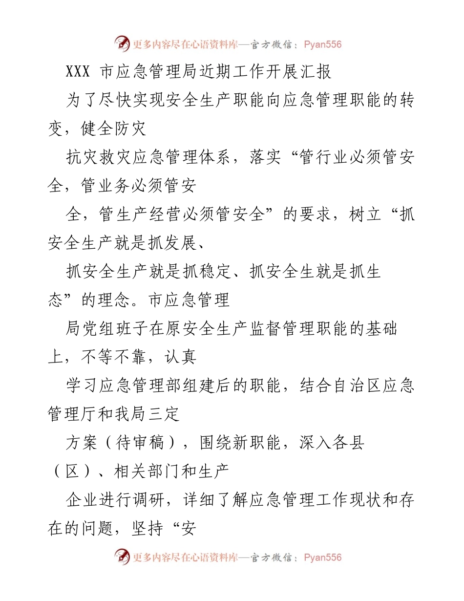 [工作总结] 应急管理局 - XXX市应急管理局近期工作开展汇报.docx_第1页