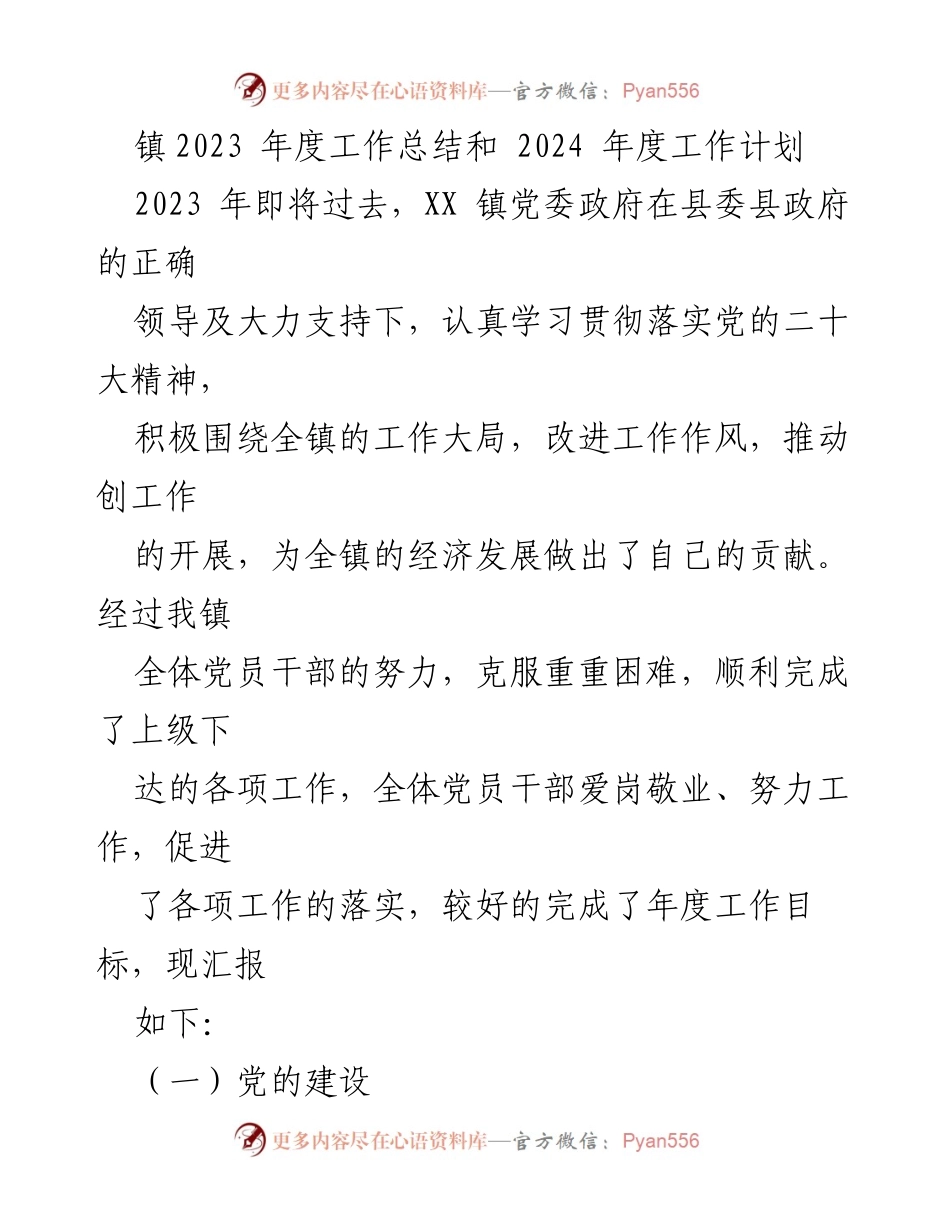 [工作总结] 年度总结 - XX镇2023年度工作总结与2024年度工作计划.docx_第1页