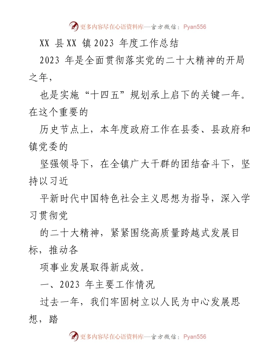 [工作总结] 政府工作 - XX镇2023年度工作总结与发展成效.docx_第1页