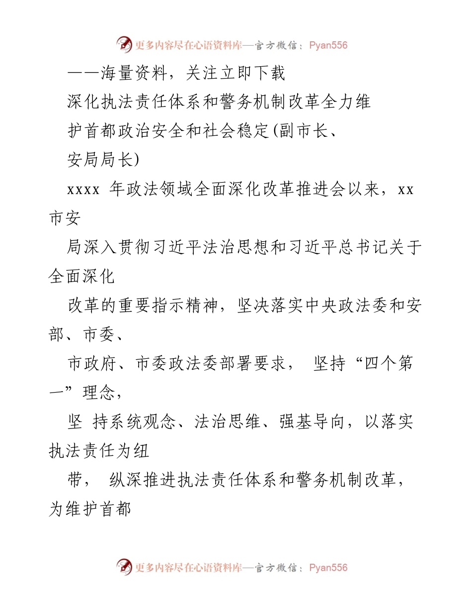 [工作总结] 政法领域全面深化改革推进会 - 深化执法责任体系，维护首都安全稳定的实践与成效.docx_第1页