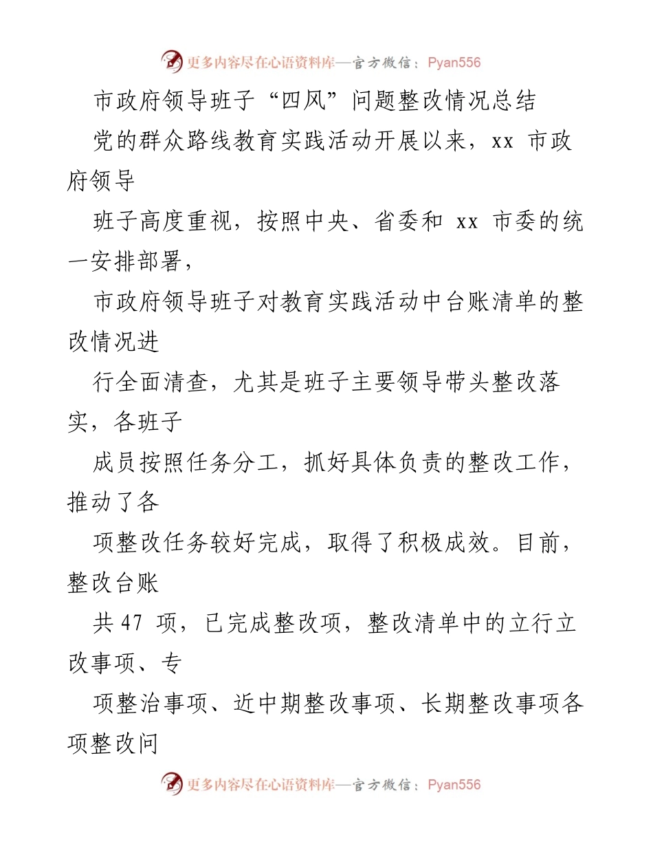 [工作总结] 政府整改 - 市政府领导班子“四风”问题整改情况总结.docx_第1页