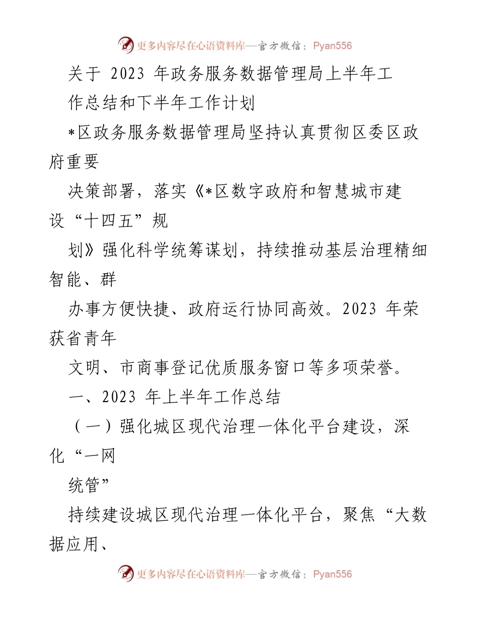 [工作总结] 政务服务数据管理局 - 2023年上半年工作总结与下半年工作计划.docx_第1页