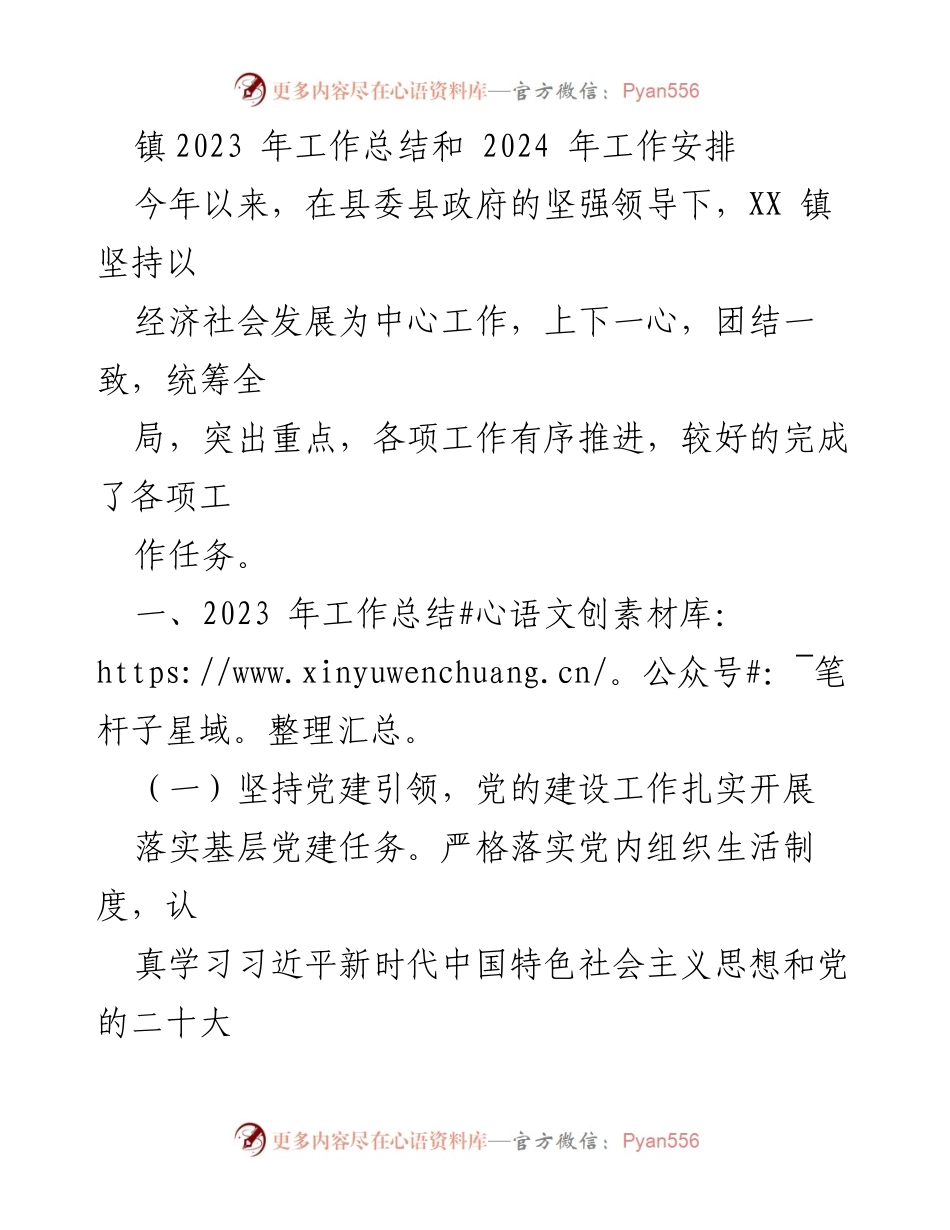 [工作总结] 年度总结 - XX镇2023年工作总结与2024年工作安排_1.docx_第1页
