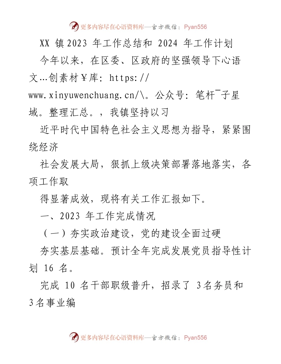 [工作总结] 年度总结 - XX镇2023年工作总结与2024年工作计划_1.docx_第1页