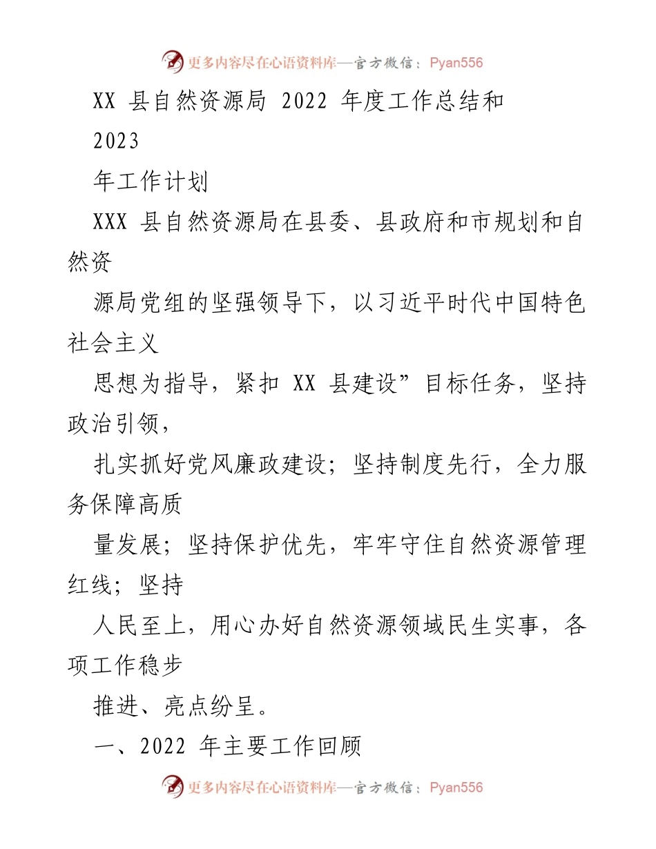 [工作总结] 年度总结 - XX县自然资源局2022年度工作总结与2023年工作计划.docx_第1页