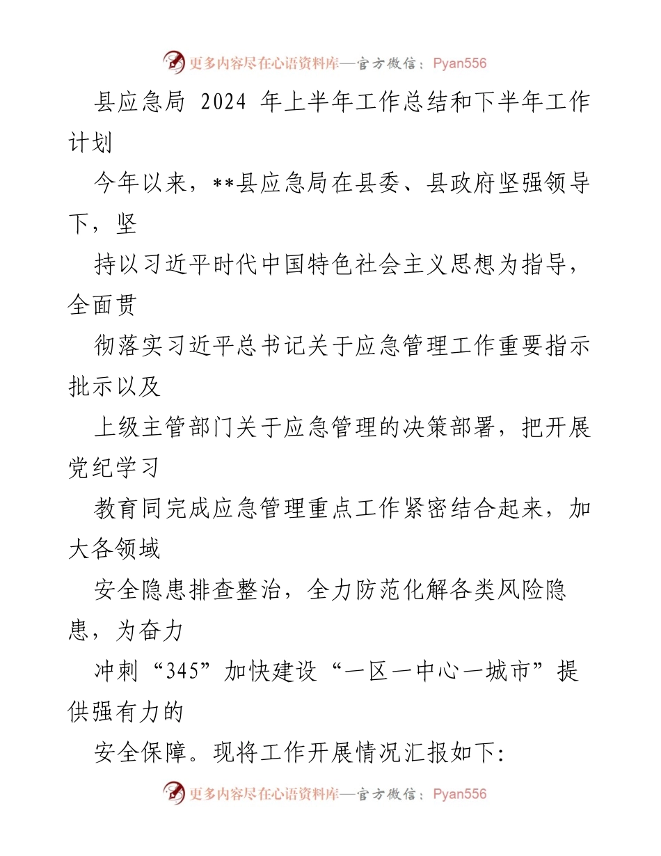 [工作总结] 应急管理 - 2024年上半年应急局工作总结与下半年计划.docx_第1页
