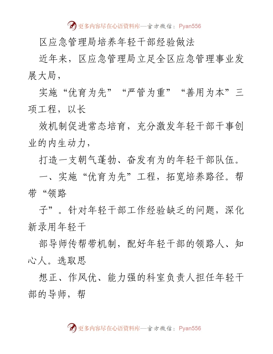 [工作总结] 应急管理局 - 培养年轻干部的经验与做法.docx_第1页