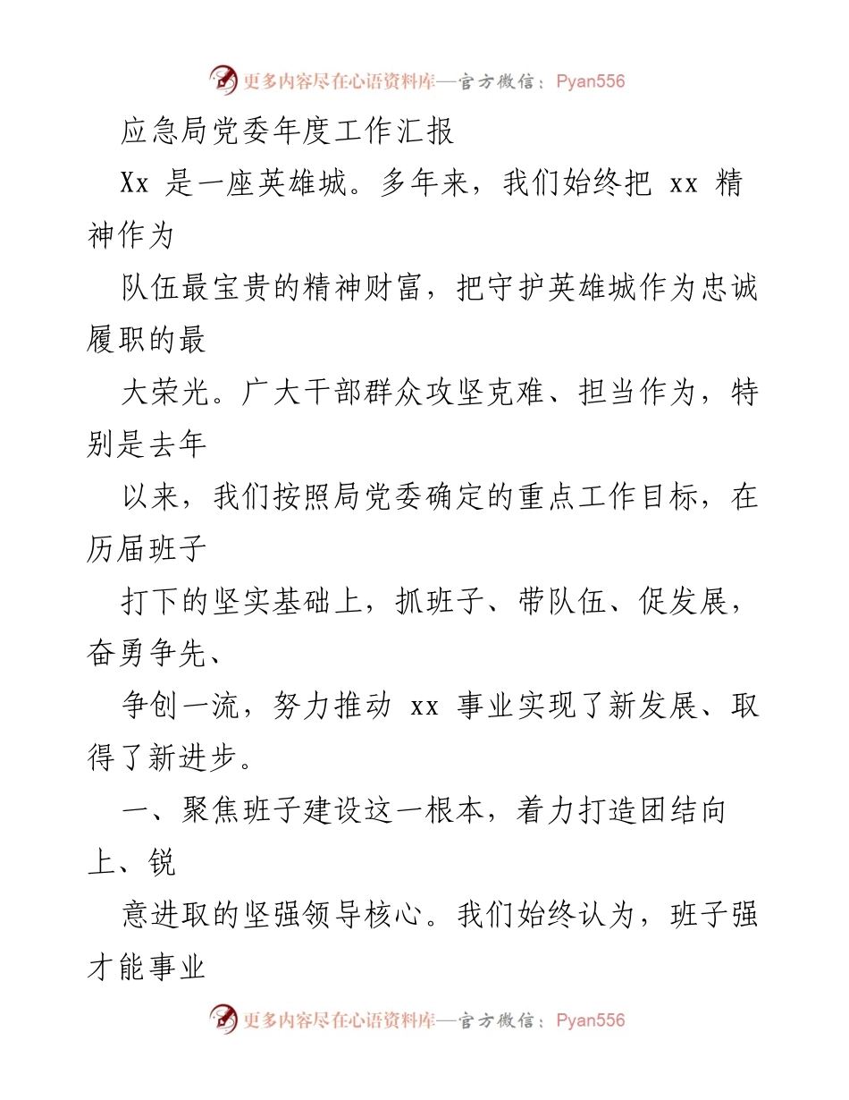 [工作总结] 应急局党委 - 年度工作汇报：聚焦班子建设与纪律部队提升.docx_第1页