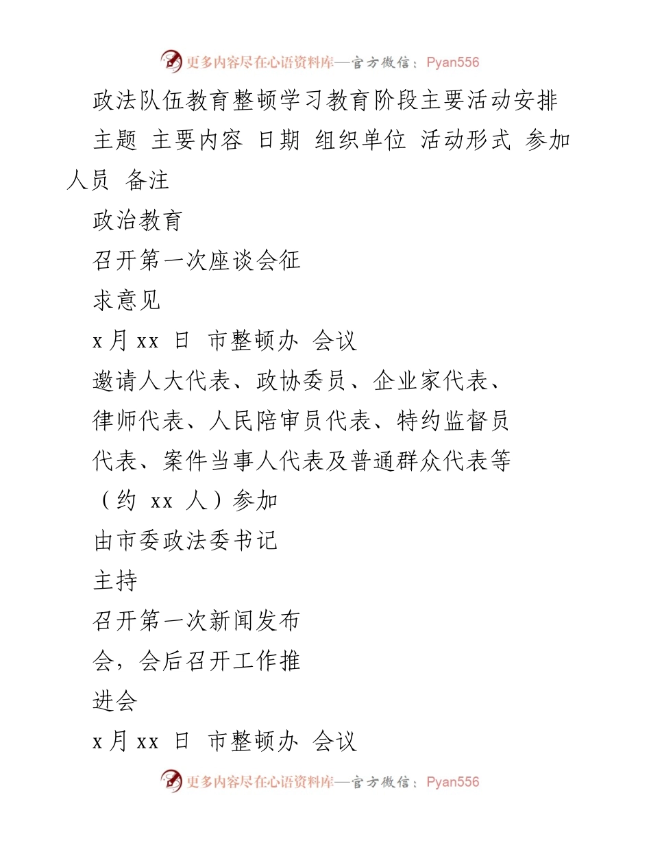 [工作总结] 政法队伍教育整顿 - 政法队伍教育整顿学习教育阶段主要活动安排.docx_第1页