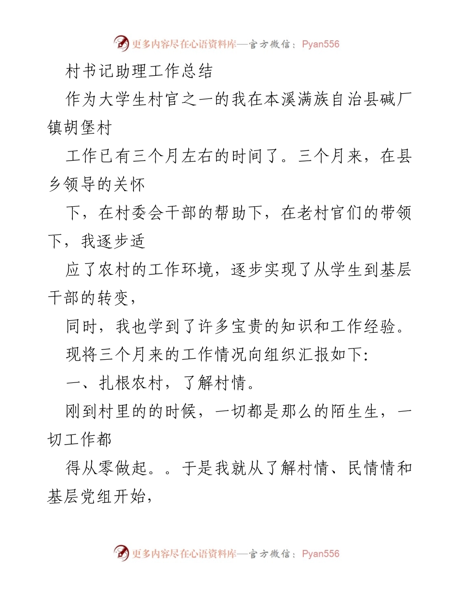 [工作总结] 村书记助理 - 大学生村官三个月工作总结与反思.docx_第1页