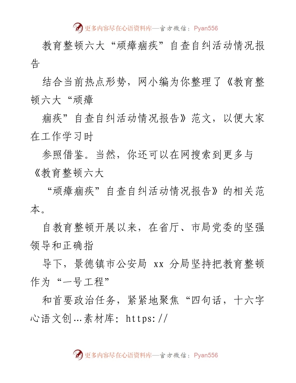 [工作总结] 教育整顿活动 - 教育整顿六大“顽瘴痼疾”自查自纠情况报告.docx_第1页