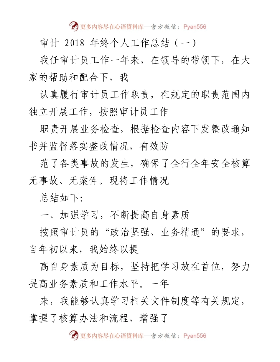 [工作总结] 年终总结 - 2018年审计员个人工作总结与反思.docx_第1页