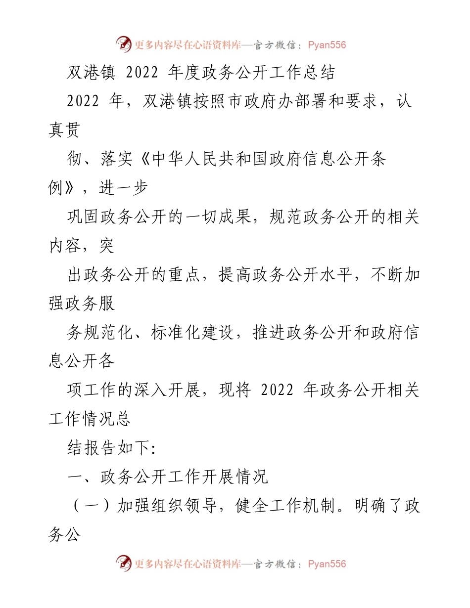 [工作总结] 政务公开 - 双港镇2022年度政务公开工作总结.docx_第1页