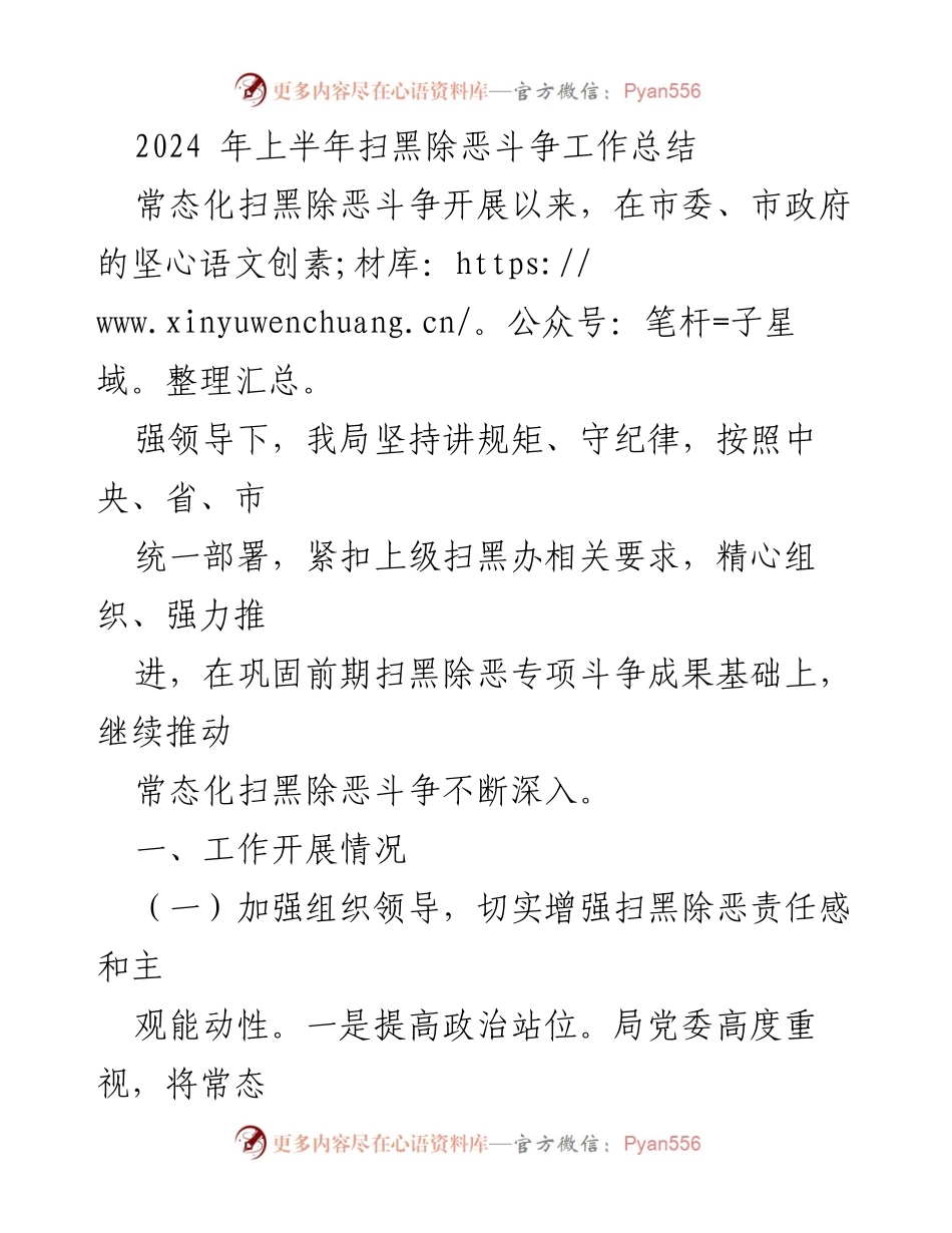 [工作总结] 扫黑除恶斗争 - 2024年上半年扫黑除恶斗争工作总结报告.docx_第1页