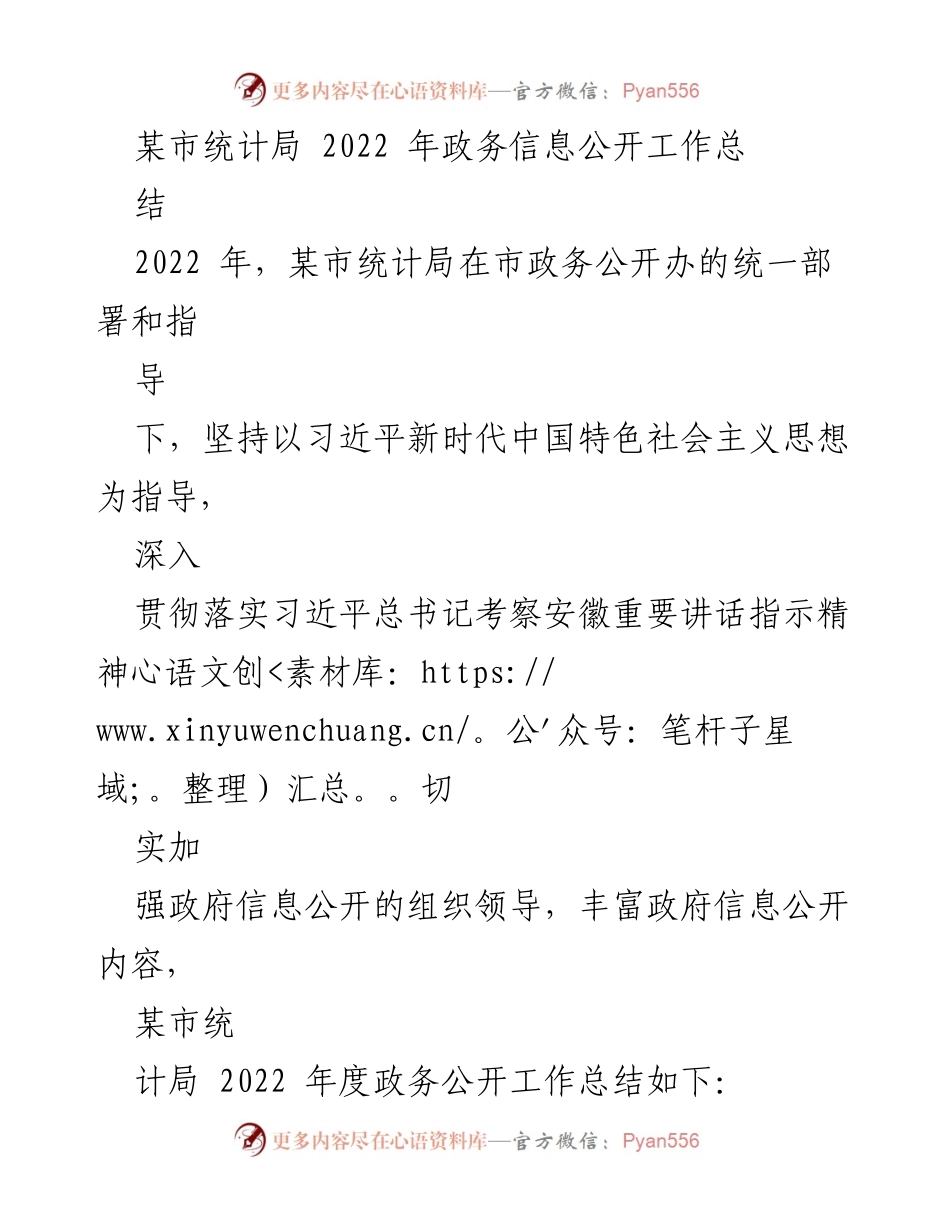 [工作总结] 政务公开 - 某市统计局2022年政务信息公开工作总结.docx_第1页