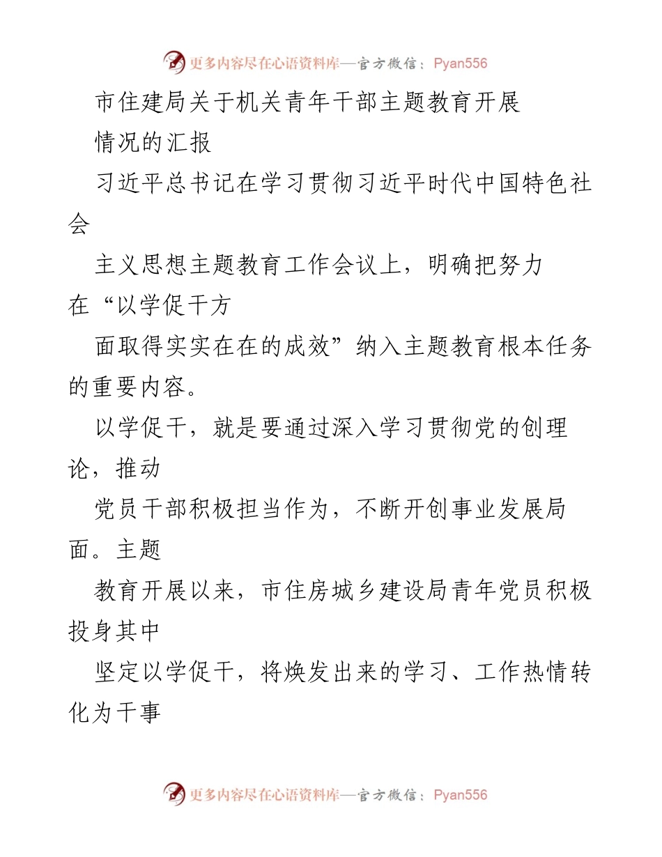 [工作总结] 机关青年干部主题教育 - 市住建局青年干部主题教育开展情况汇报_1.docx_第1页