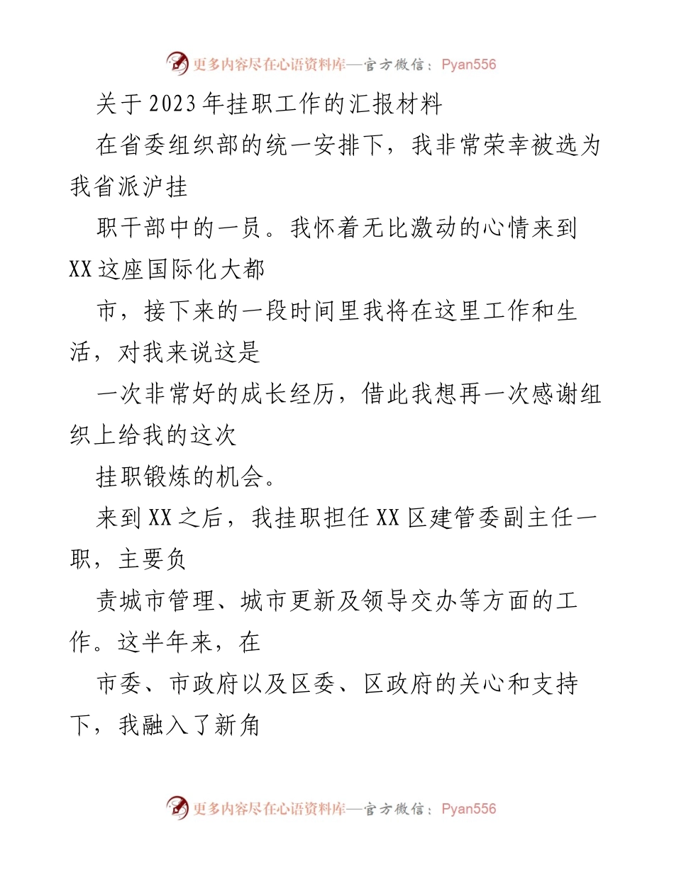 [工作总结] 挂职锻炼 - 2023年挂职工作汇报与经验分享.docx_第1页