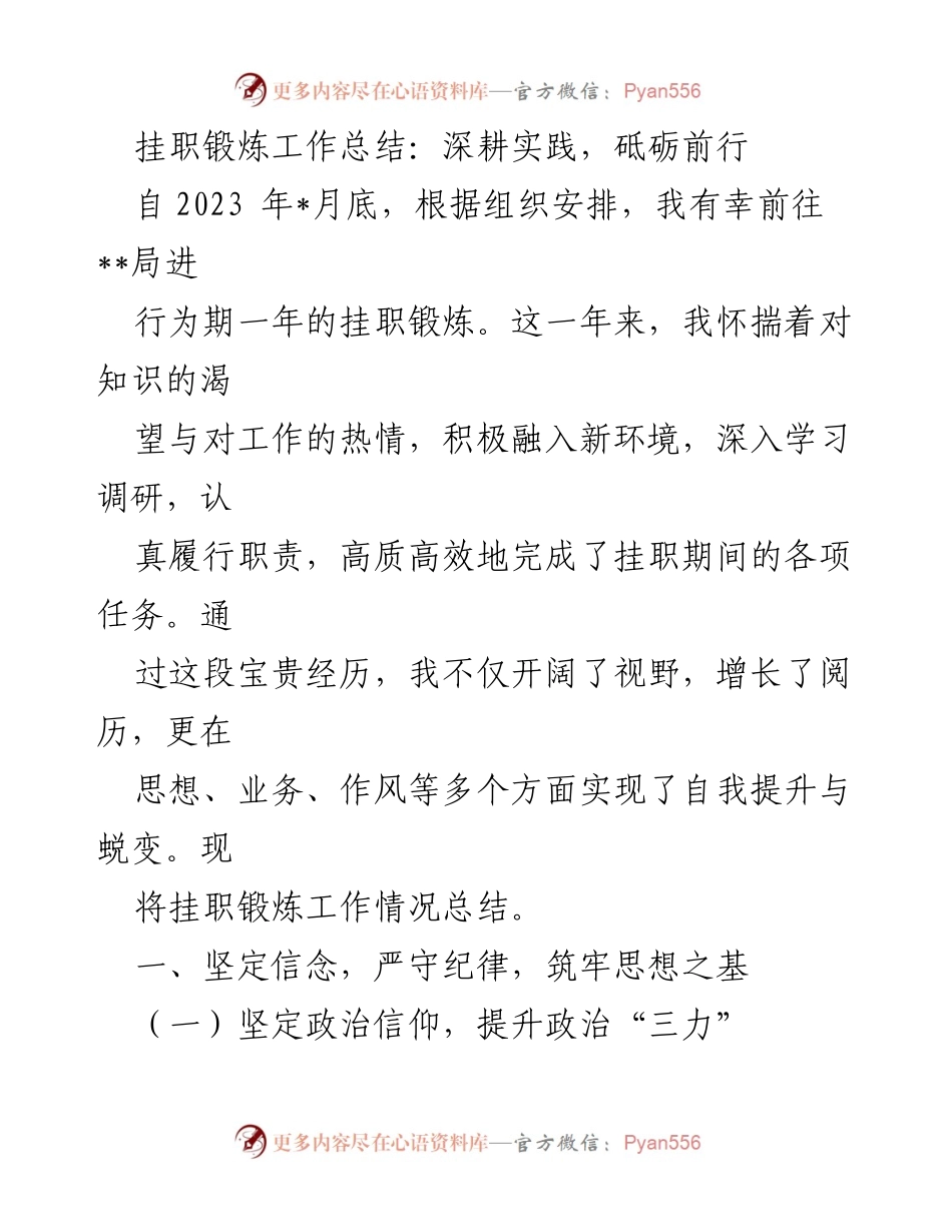 [工作总结] 挂职锻炼 - 深耕实践，提升能力的挂职锻炼总结.docx_第1页