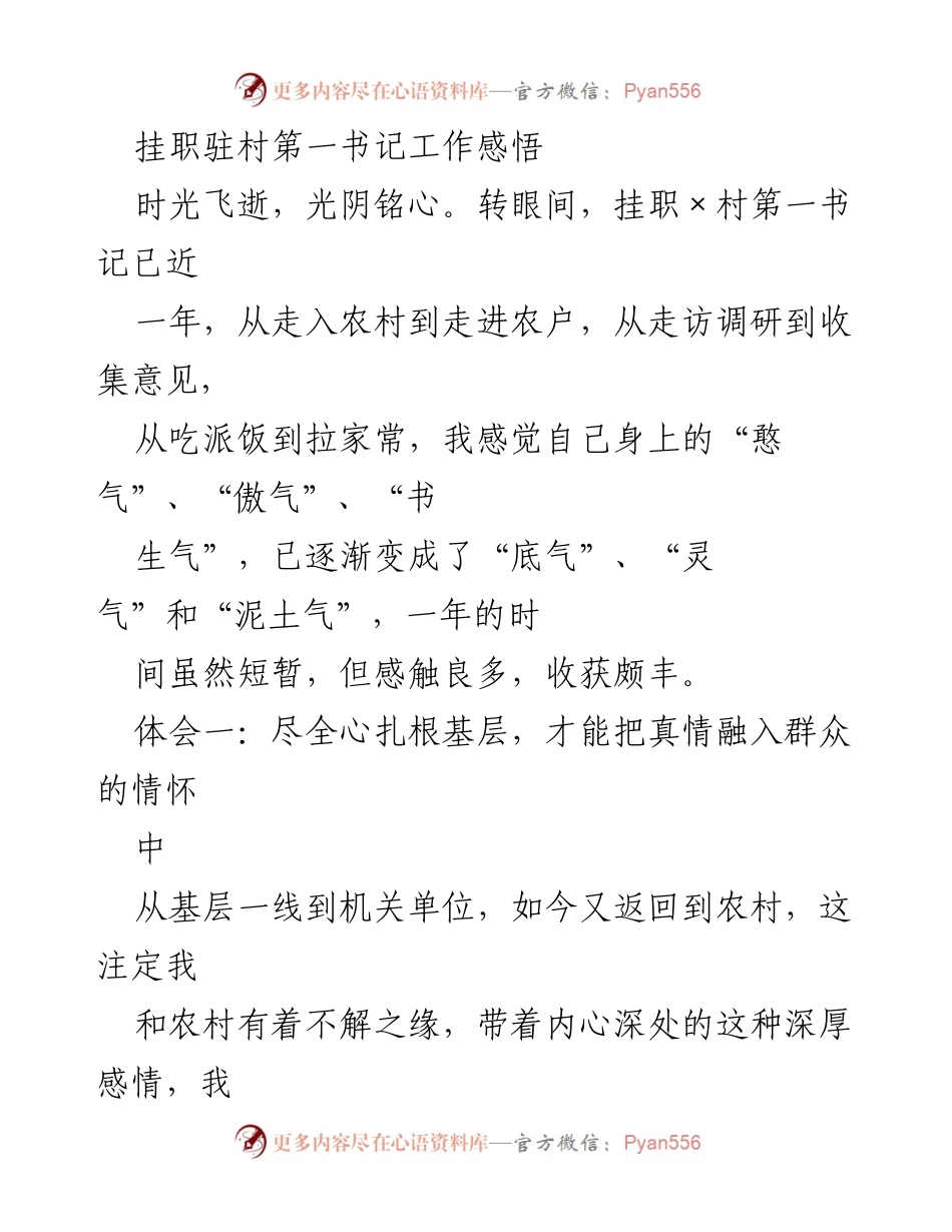 [工作总结] 挂职驻村 - 挂职驻村第一书记的工作感悟与体会.docx_第1页
