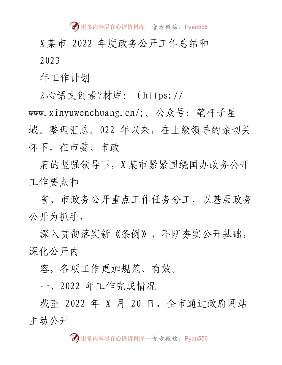 [工作总结] 政务公开 - X某市2022年度政务公开工作总结及2023年工作计划.docx_第1页