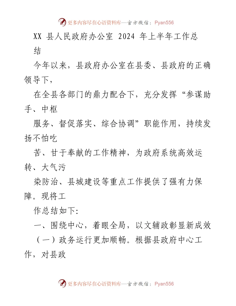 [工作总结] 政府工作 - XX县人民政府办公室2024年上半年工作总结.docx_第1页
