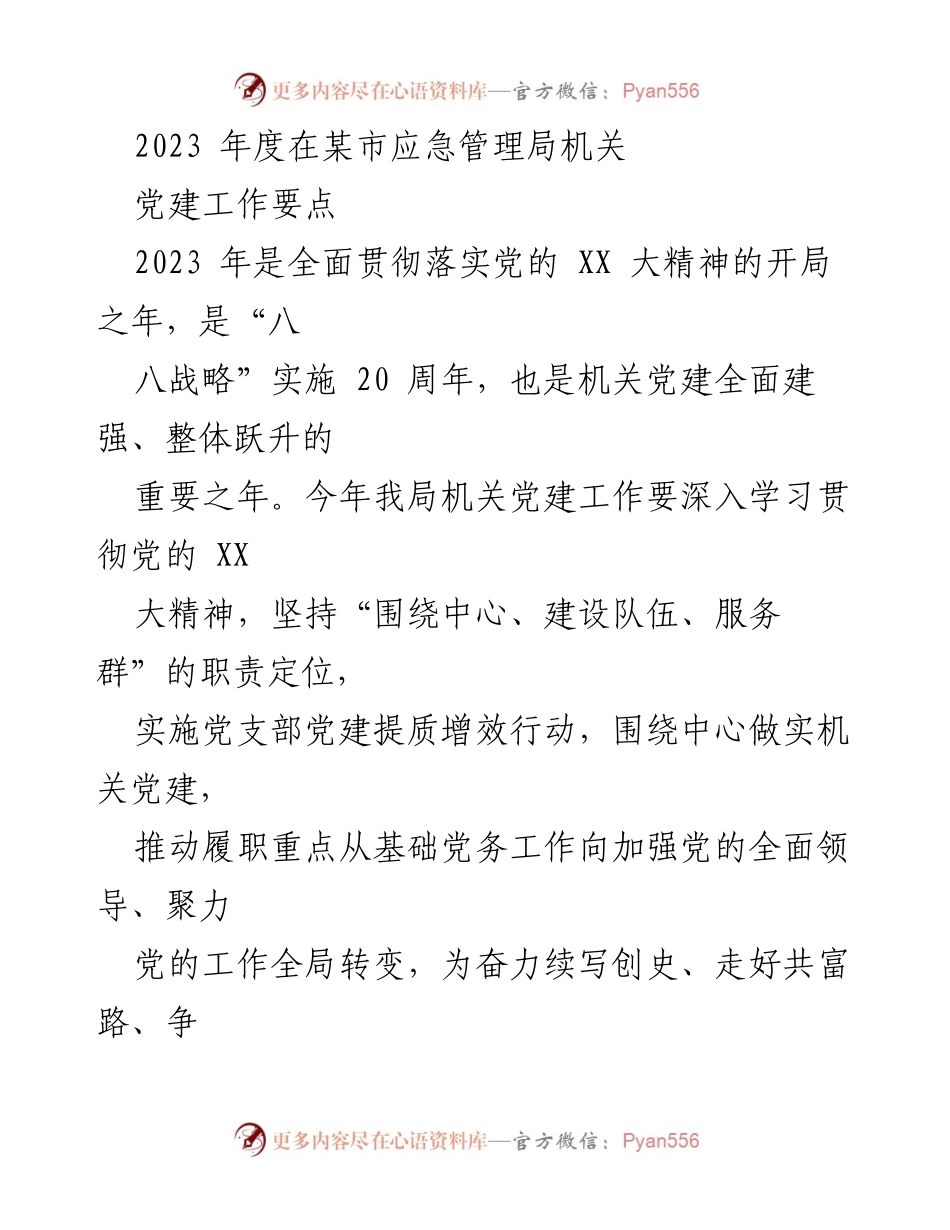 [工作总结] 机关党建工作 - 2023年度某市应急管理局机关党建工作要点及实施方案.docx_第1页