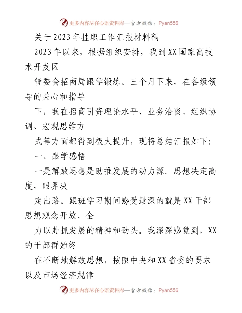 [工作总结] 挂职工作汇报 - 2023年挂职工作总结与招商引资经验分享.docx_第1页
