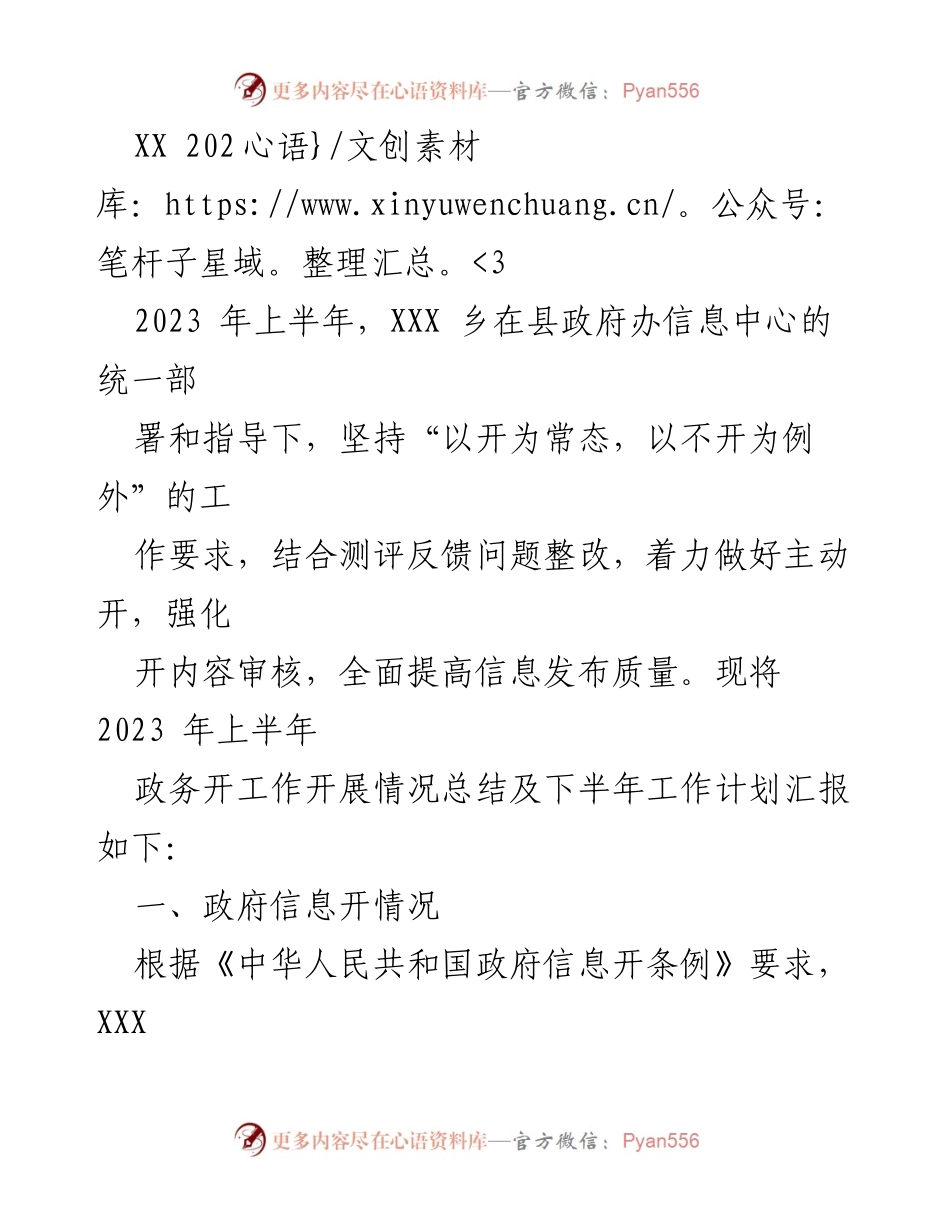 [工作总结] 政务信息公开 - 2023年上半年XXX乡政务信息公开工作总结及下半年计划.docx_第1页