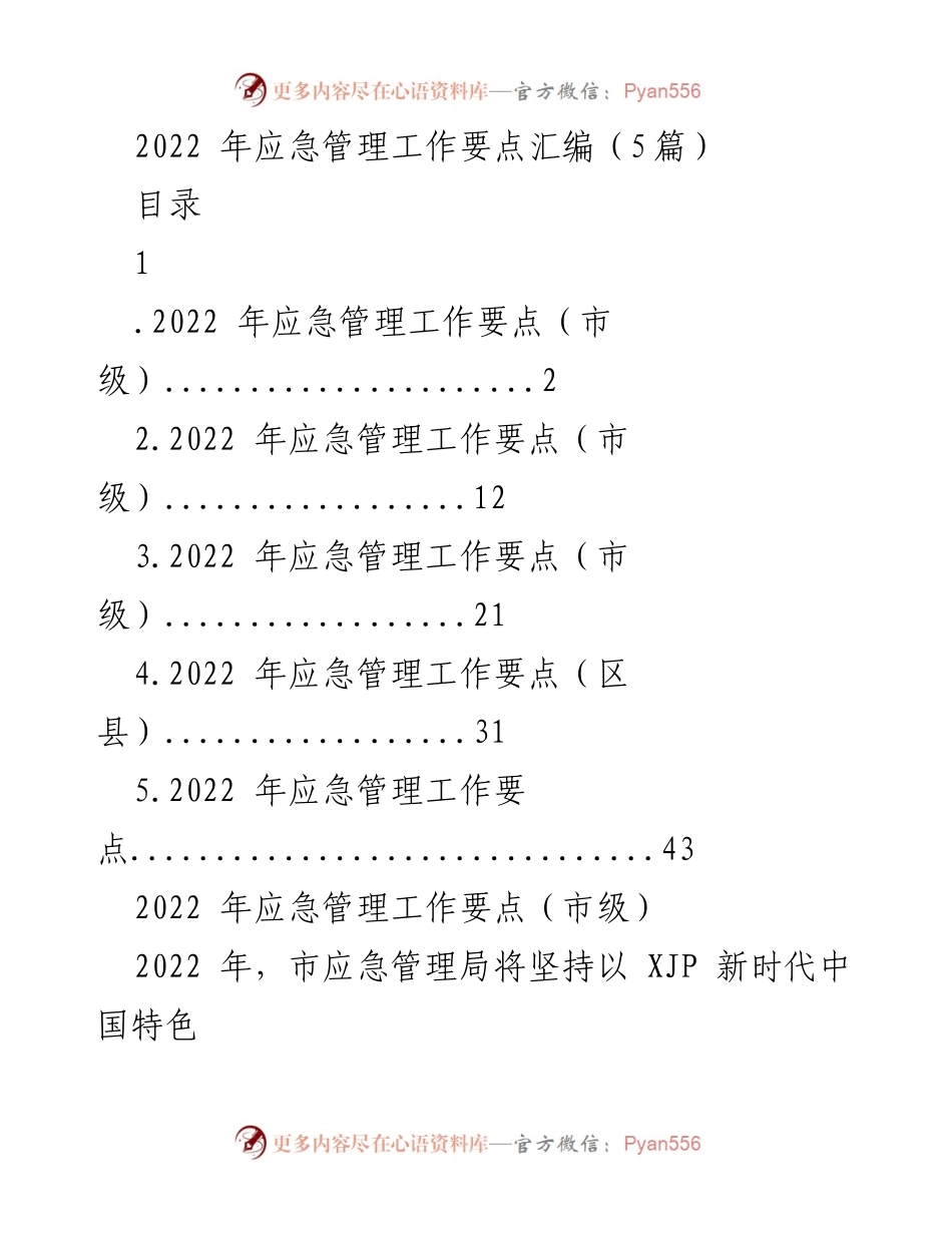 [工作总结] 应急管理会议 - 2022年市级应急管理工作要点汇编.docx_第1页