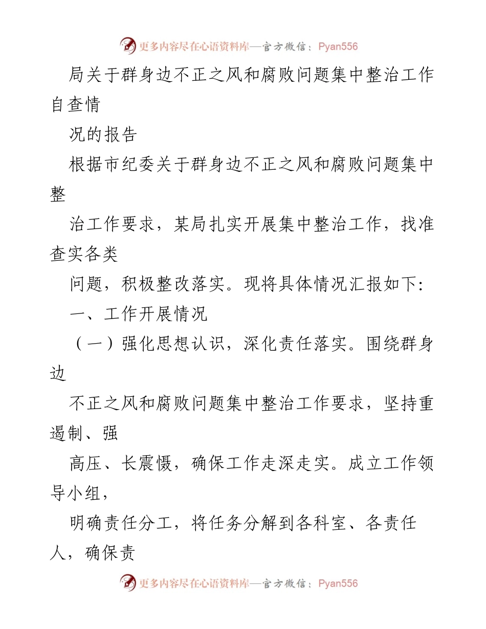 [工作总结] 整治不正之风 - 某局关于群身边不正之风和腐败问题集中整治工作的自查报告.docx_第1页