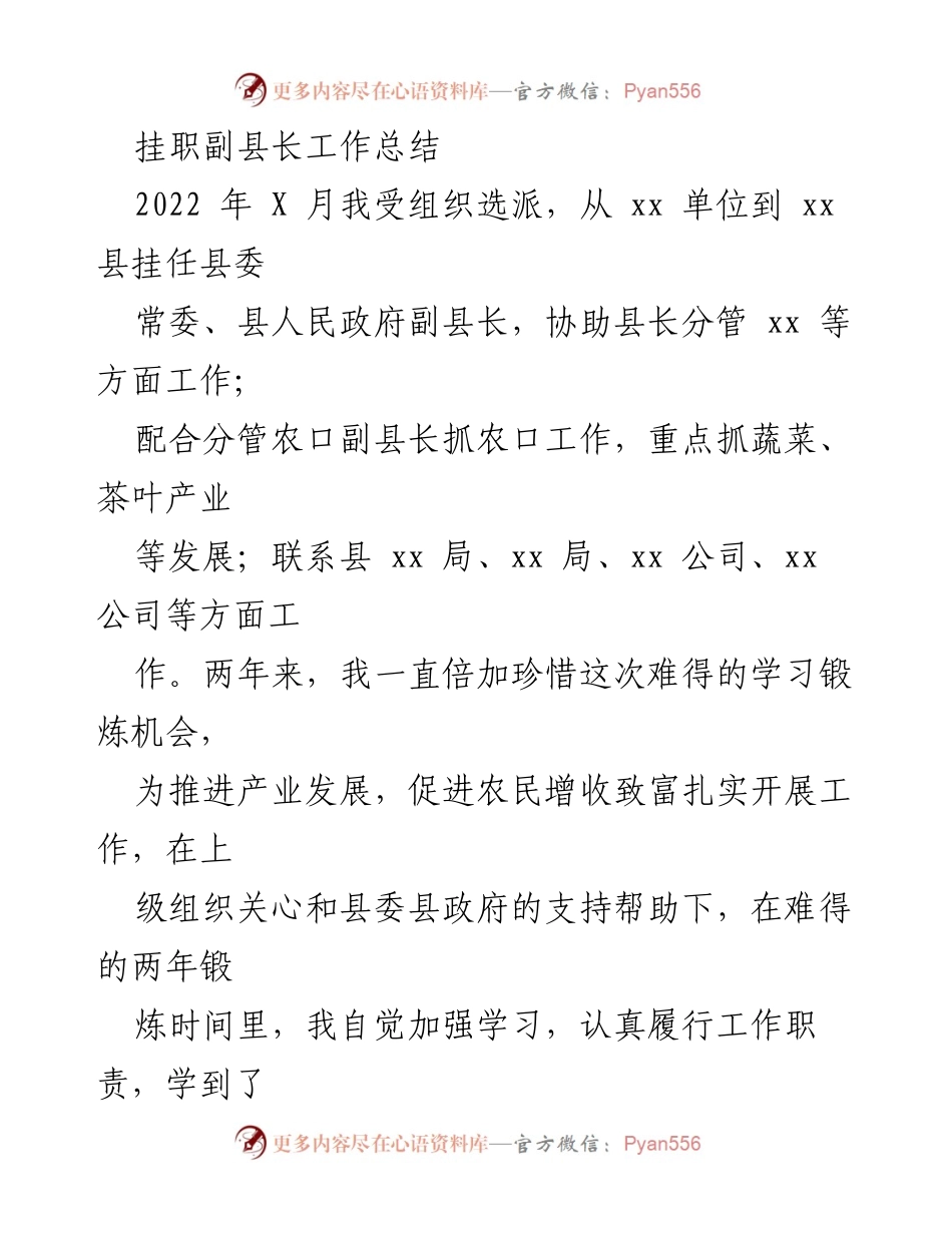 [工作总结] 挂职经历 - 挂职副县长工作总结与经验分享.docx_第1页