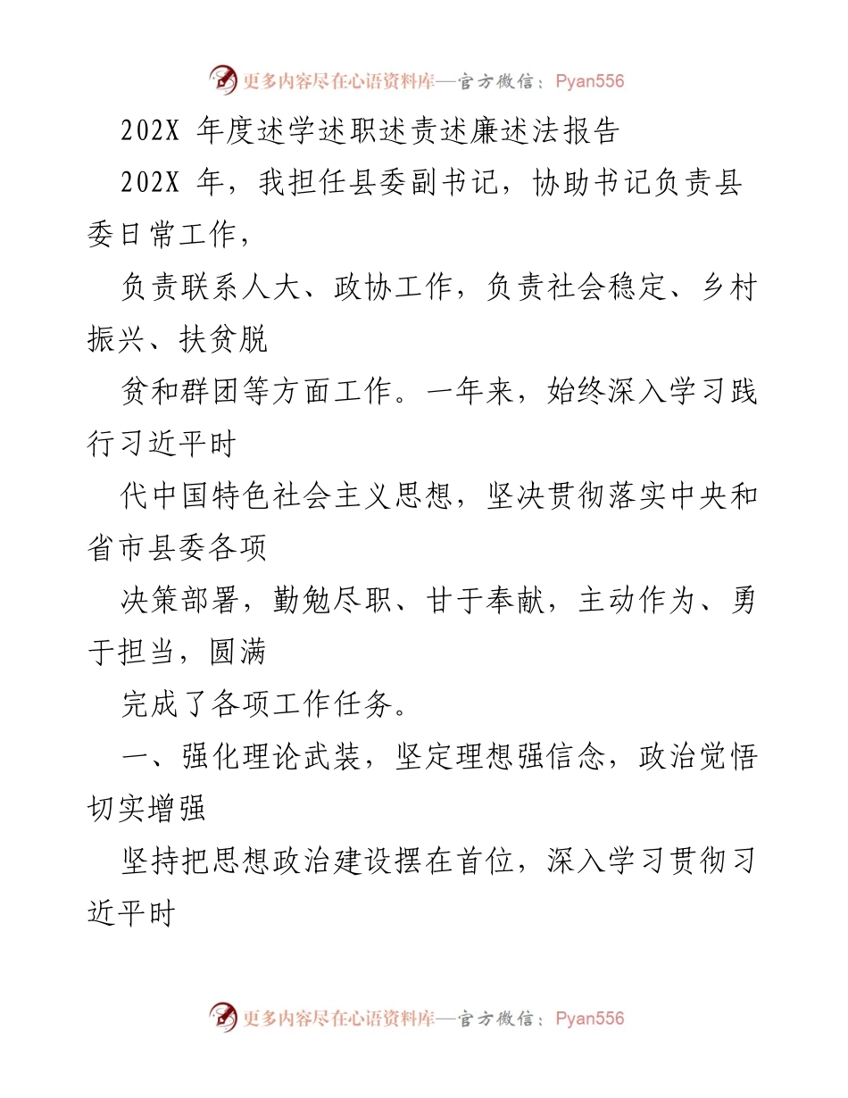 [工作总结] 年度述职 - 202X年度县委副书记述职报告.docx_第1页