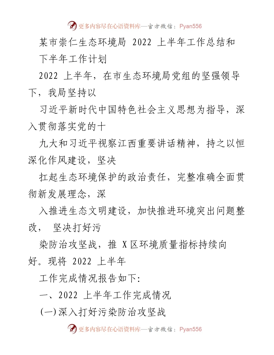 [工作总结] 政府部门 - 某市崇仁生态环境局2022年上半年工作总结及下半年工作计划.docx_第1页
