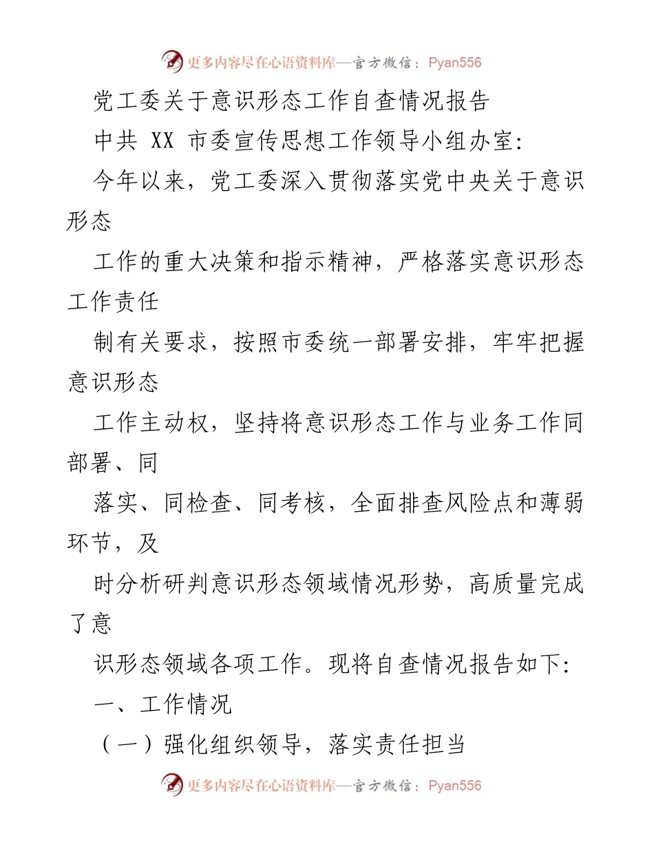 [工作总结] 意识形态工作 - 党工委意识形态工作自查情况报告.docx_第1页