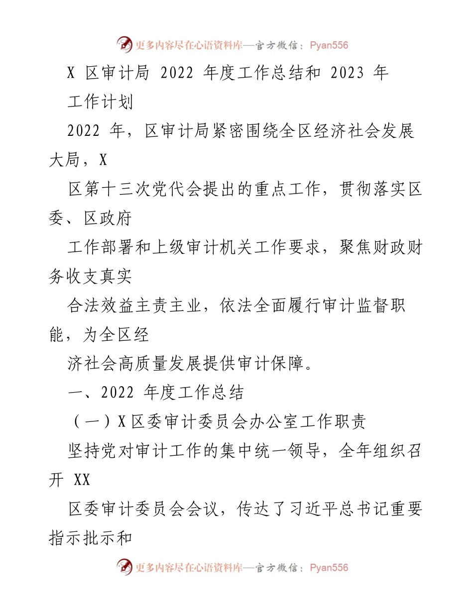 [工作总结] 年度总结 - X区审计局2022年度工作总结与2023年工作计划.docx_第1页