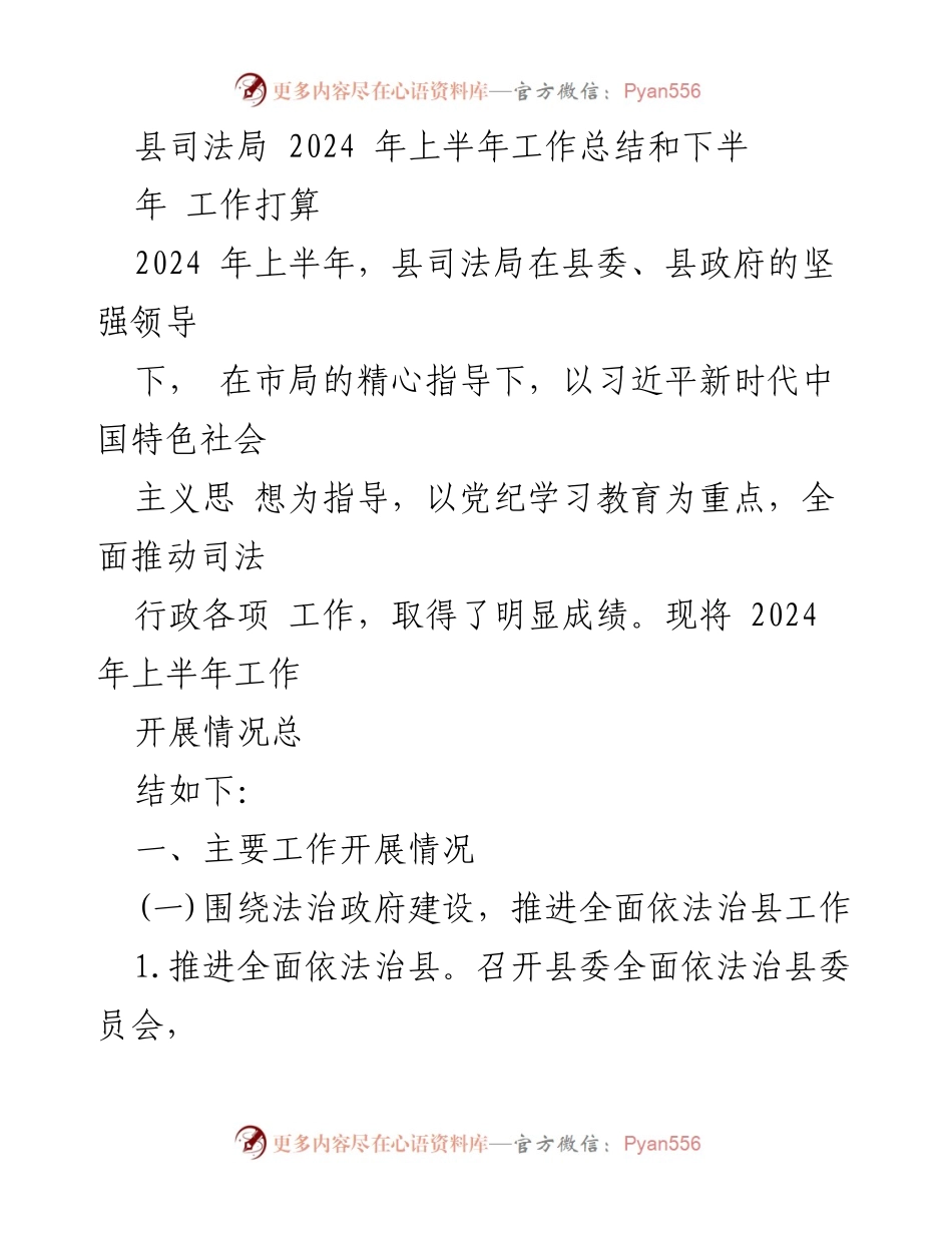 [工作总结] 政府部门 - 2024年上半年县司法局工作总结与下半年工作计划.docx_第1页