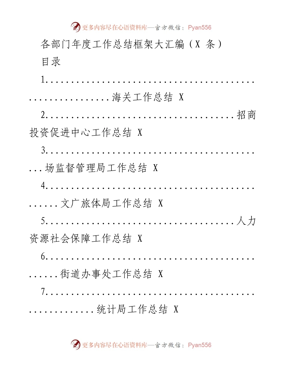 [工作总结] 年度总结会议 - 各部门年度工作总结框架汇编.docx_第1页