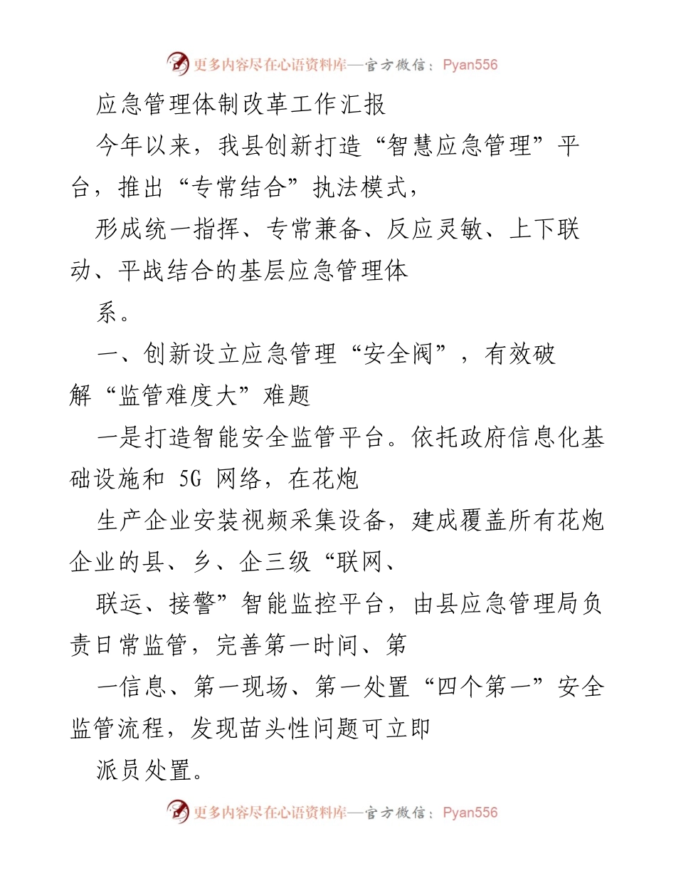 [工作总结] 应急管理 - 智慧应急管理体制改革工作汇报.docx_第1页