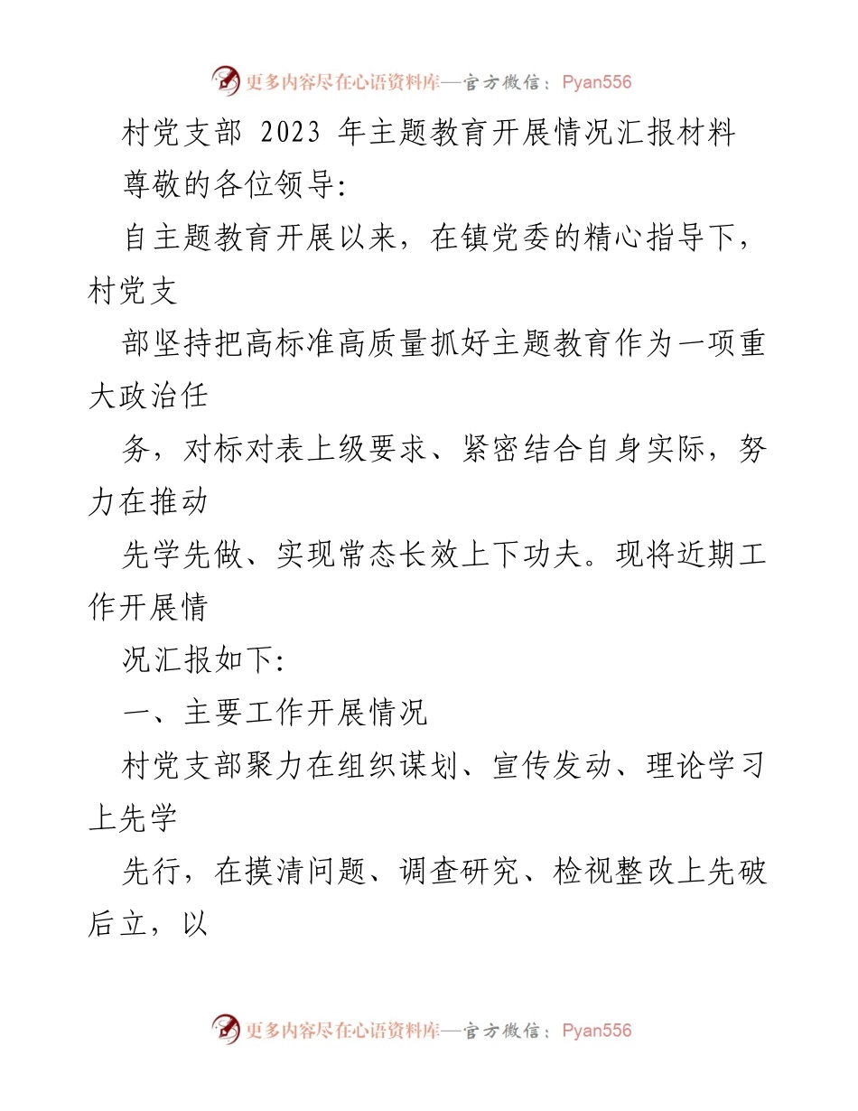 [工作总结] 村党支部 - 2023年主题教育开展情况汇报与反思.docx_第1页
