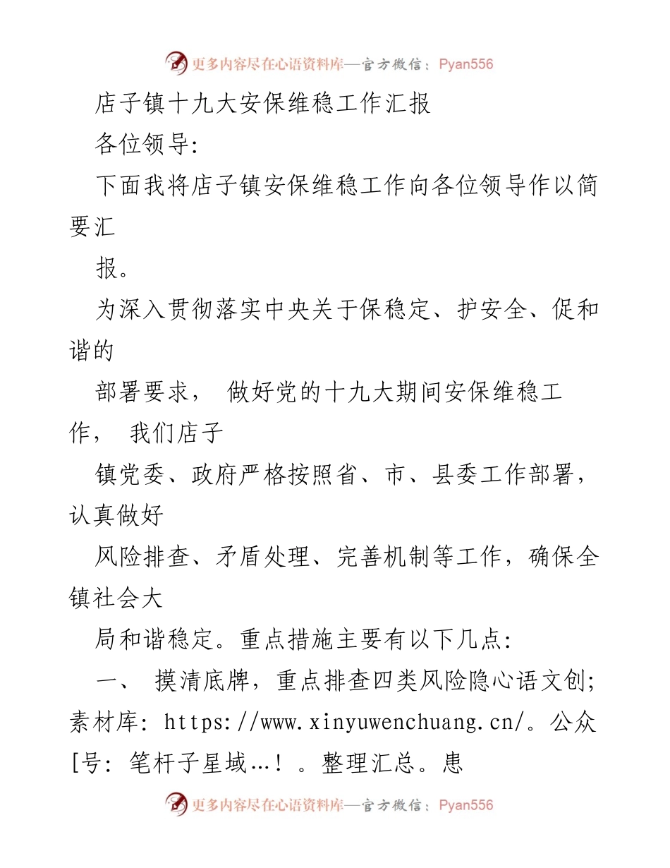 [工作总结] 店子镇 - 店子镇十九大期间安保维稳工作总结报告.docx_第1页
