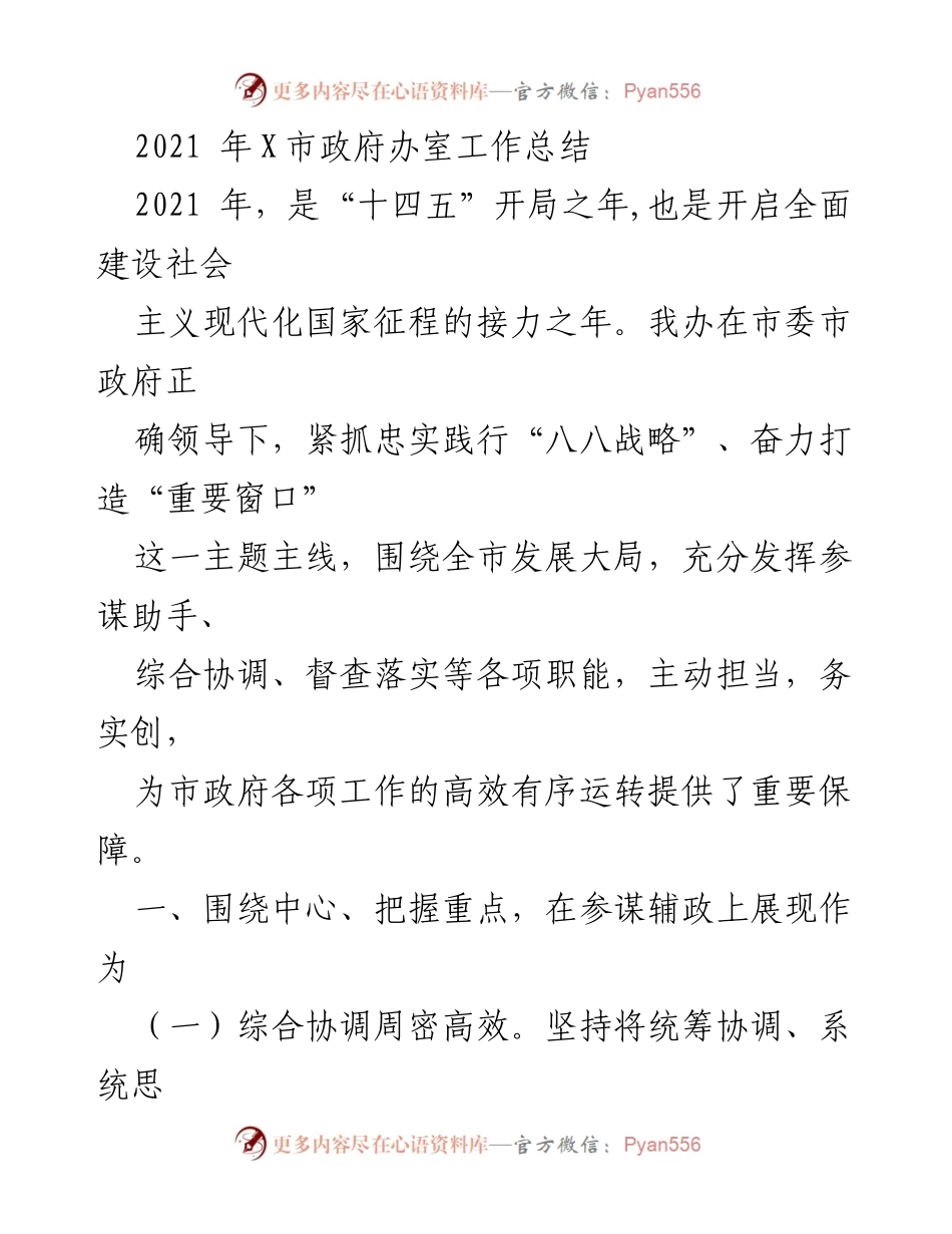 [工作总结] 政府办室 - 2021年X市政府办室工作总结与成效分析.docx_第1页