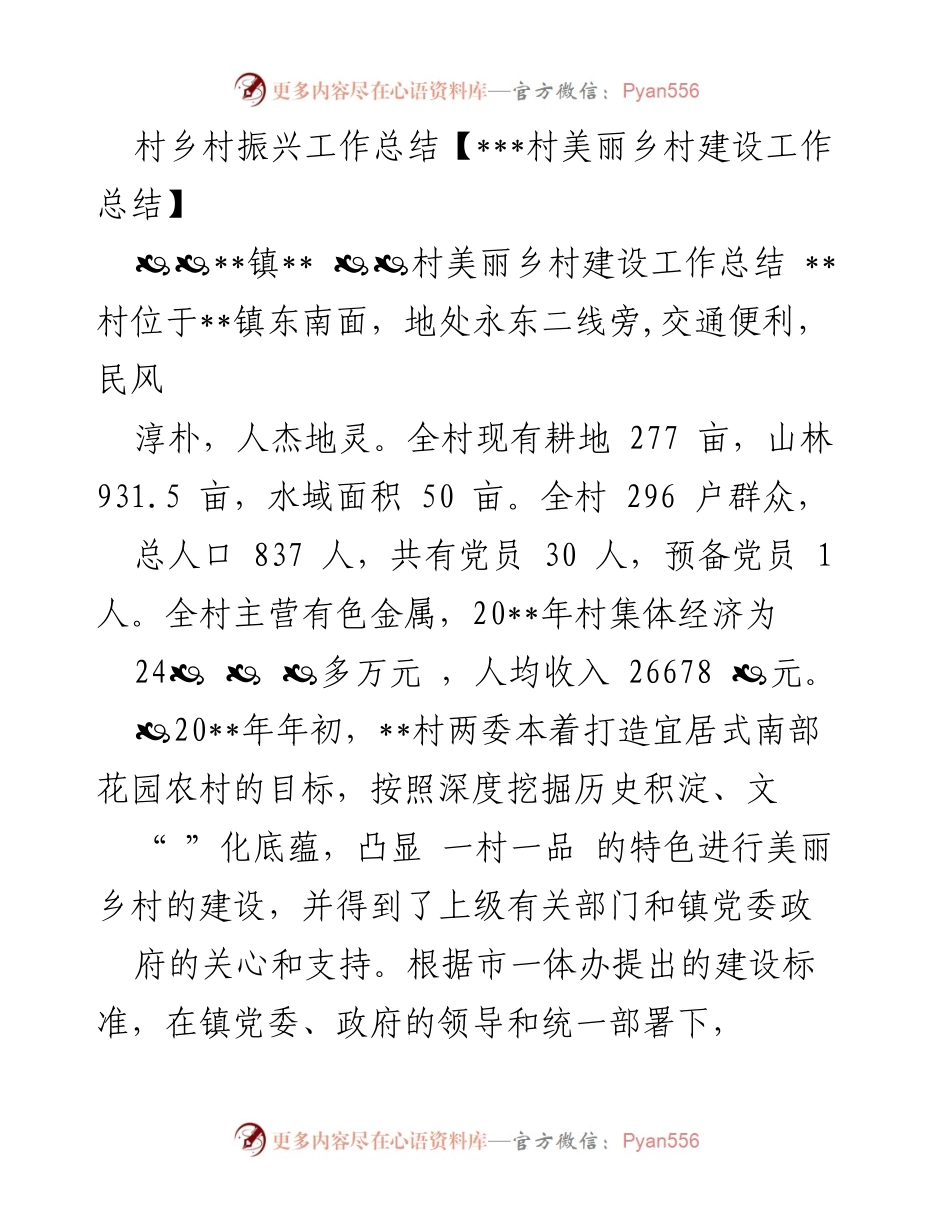 [工作总结] 村乡村振兴 - __村美丽乡村建设工作总结与成效分析__.docx_第1页