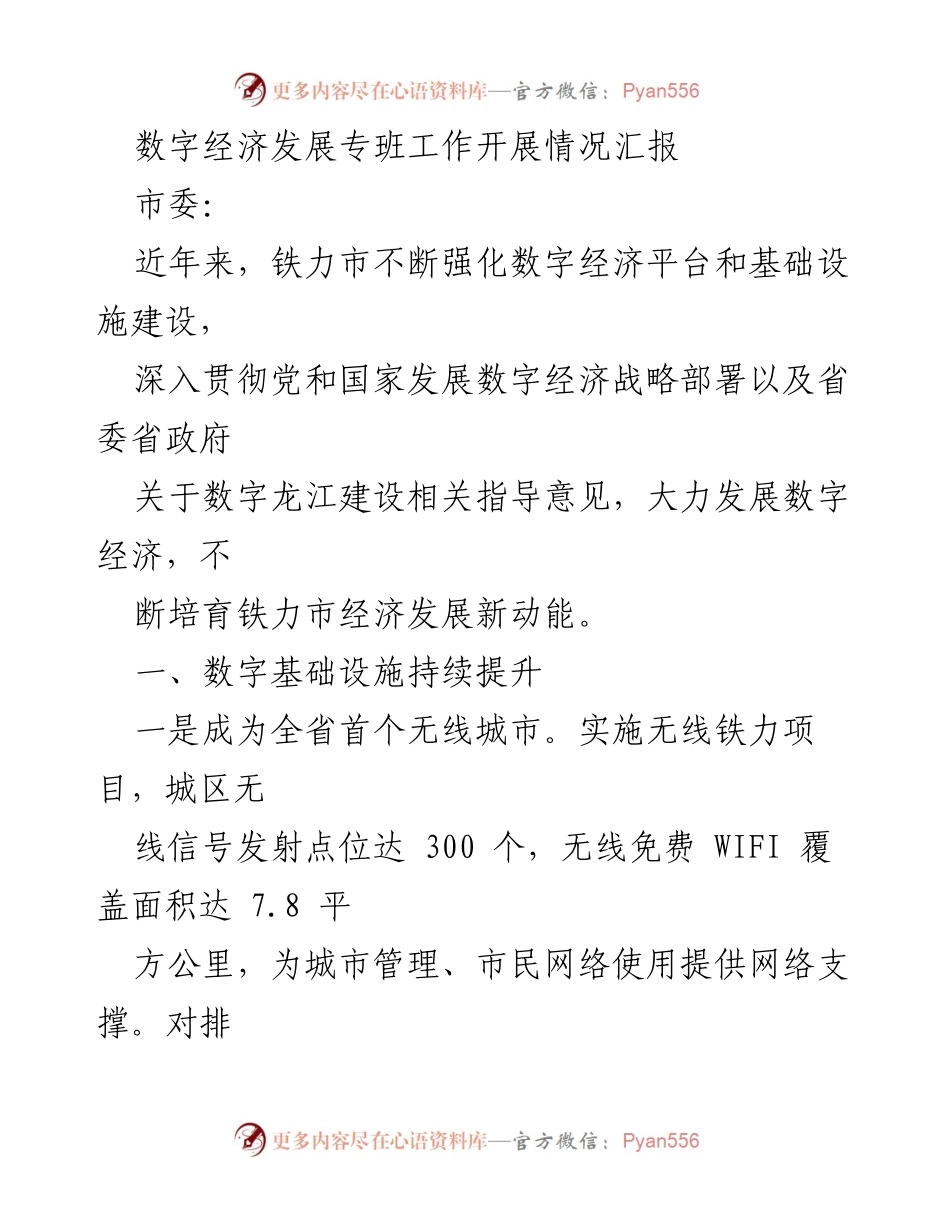 [工作总结] 数字经济发展专班 - 铁力市数字经济发展工作开展情况汇报_1.docx_第1页